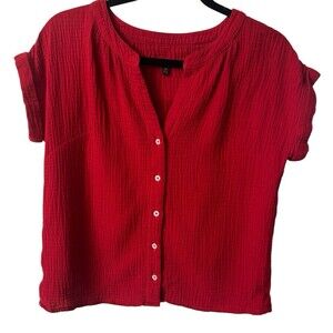 Talbots Womens Red Cotton Gauzy Button Front Cap Sleeves V Neck Top XS